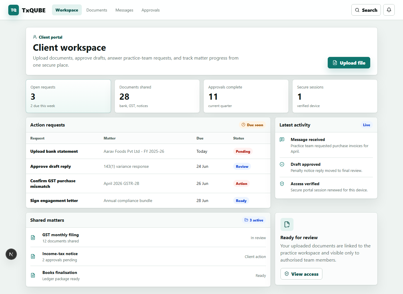 TxQUBE client portal showing requests and matter updates