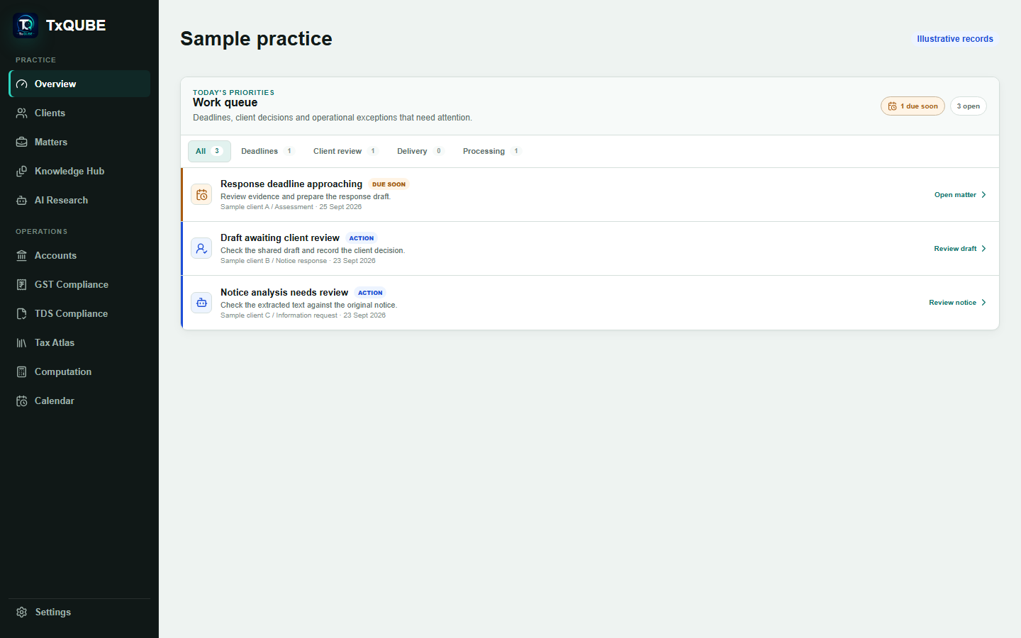 TxQUBE current navigation and work queue showing sample deadline, approval and processing tasks