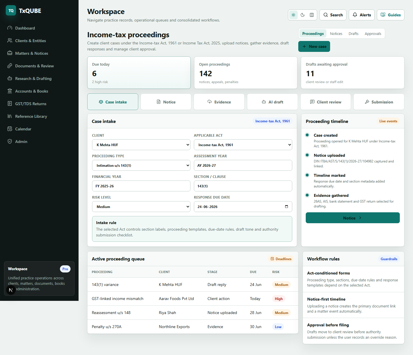 TxQUBE proceeding workflow with case intake, notices and response stages